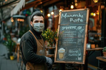 Obraz premium Cafe owner wearing face mask posting a board with Corona special offers