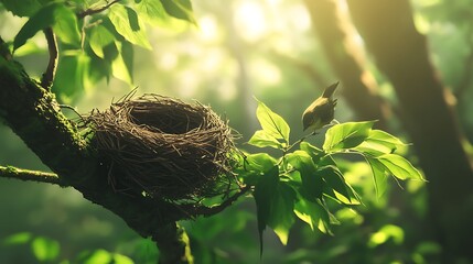 A peaceful bird's nest nestled on a tree branch in a serene forest.