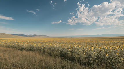 Expansive sunflower field under a bright summer sky