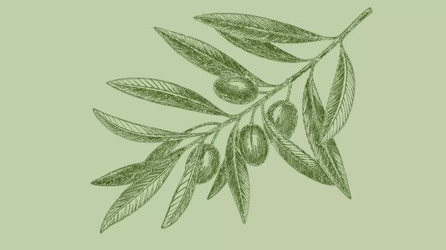 Animation Olives Line Drawing. Green Olive Branch background. Floral Line Art. Fine Line Olive. Wedding invitation greenery. Design for stories and promo posts, Social Media Banner, Intro