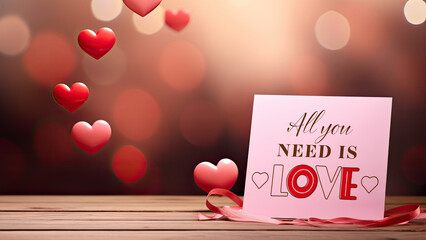 All You Need Is Love Card with Ribbon and Red Hearts on Wooden Table for Happy Valentine's Day Theme.
