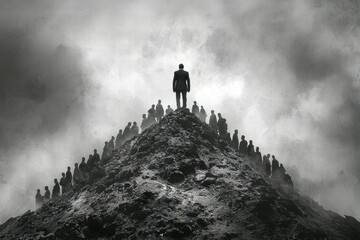 A solitary figure stands atop a dark mountain overlooking an army of shadows.