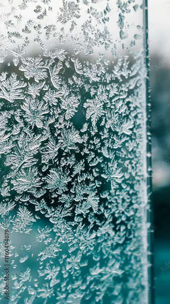 Poster frosty patterns form on a window as winter settles in, showcasing intricate designs created by cold 