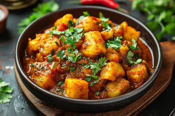 Aloo gobi served with a sprinkle of green herbs and chili, cozy Indian kitchen vibe, inviting and comforting