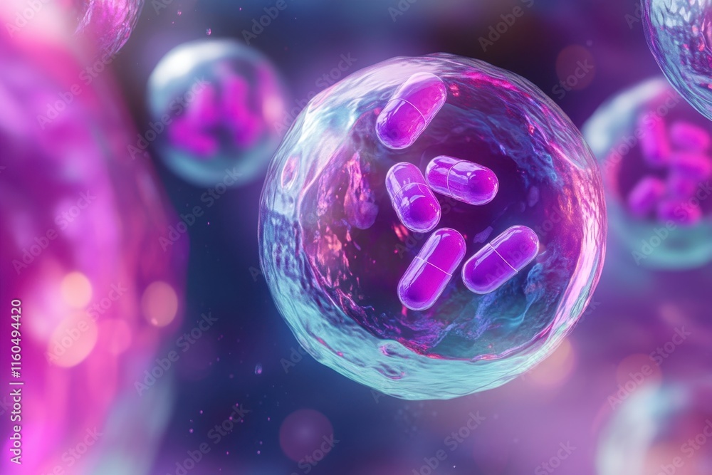 Poster colorful visualization of bacteria and cell structures under a microscope in a scientific context