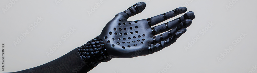 Poster a close-up of a black textured robotic hand displaying precision.