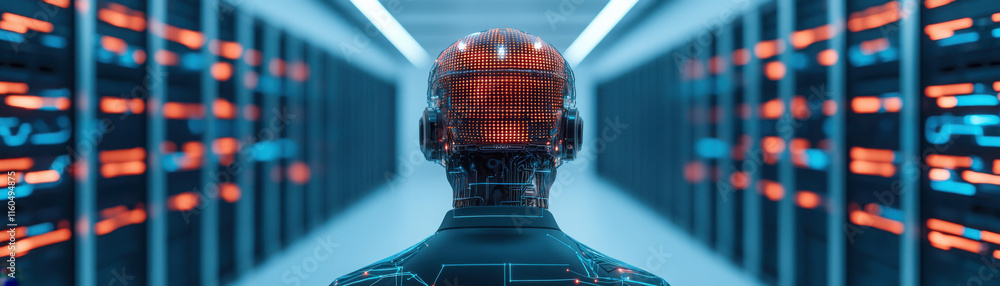 Poster a robotic figure in a high-tech data center environment.