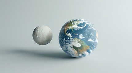 A realistic model of the Earth and moon orbiting each other, placed against a white backdrop