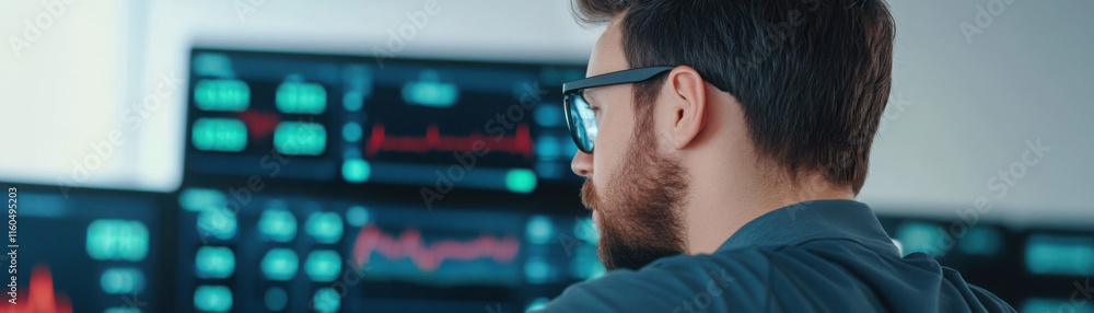 Poster focused professional analyzing financial data on multiple screens.