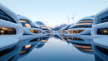 Obraz premium Futuristic architecture reflecting on serene water bodies.