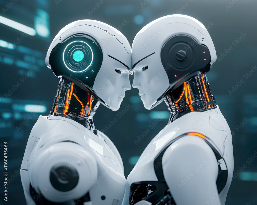 Poster futuristic robots facing each other with glowing interfaces.