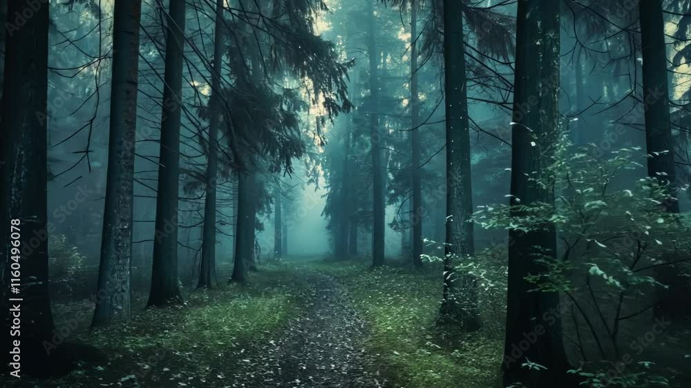 Poster dark forest with a path through it. the trees are tall and the path is narrow. scene is eerie and my