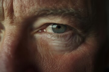 Senior man showing wrinkles and grey eyebrow, close up portrait emphasizing aging