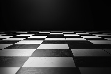  Elegant black and white chessboard background with reflective stone tiles, offering depth and sophistication. Dark empty space ideal for text, product displays, photography, or digital artwork