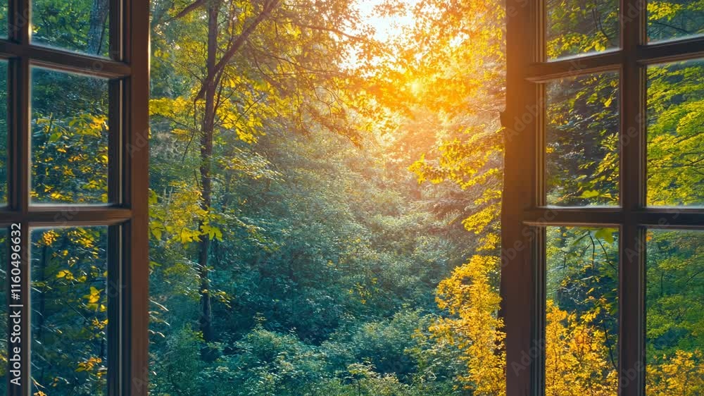 Poster window with a view of trees and a bright sun shining through it. the scene is peaceful and serene, w