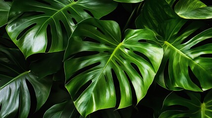 Obraz premium Exotic Jungle Atmosphere with Dark Green Tropical Background, Large Palm and Monstera Leaves, Immersive Foliage for Nature-Inspired Design
