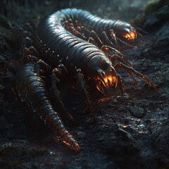 Obraz premium A photorealistic close-up of centipedes on a dark forest floor, showing fine details of the legs and textures, with dramatic lighting to highlight their intricate anatomy.