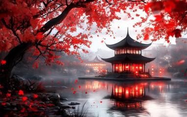 Serene Asian Temple Red Autumn Leaves Misty Lake Scenic Artwork