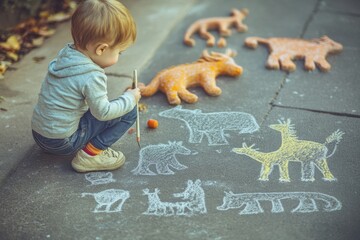 Naklejka premium Child drawing animal figures with chalk on pavement in sunny outdoor setting