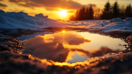 A puddle formed from melting snow reflecting the golden hues of the sunset.