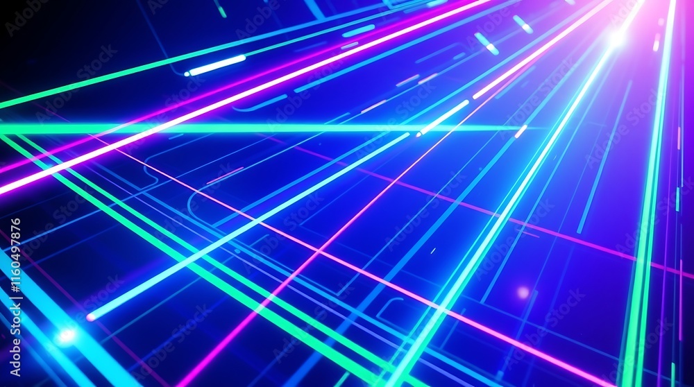 Poster neon laser grid: futuristic digital art featuring vibrant neon laser beams intersecting in a dynamic