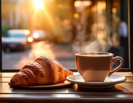 Desayunando en una cafeteria con vistas a la calle, con una taza de caf&eacute; con leche caliente y un croissant