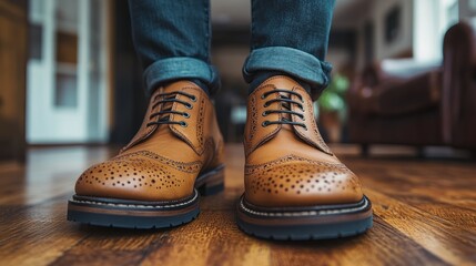 A close-up of stylish brown brogue shoes on a wooden floor, showcasing craftsmanship and fashion.