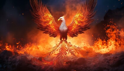 Fiery phoenix rising from ashes, powerful symbol of rebirth and renewal.