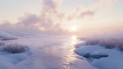 Obraz premium A quiet winter morning over a frozen river, with patches of snow and fog gently rising from the icy surface.