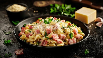 Delicious pasta dish garnished with herbs and cheese.