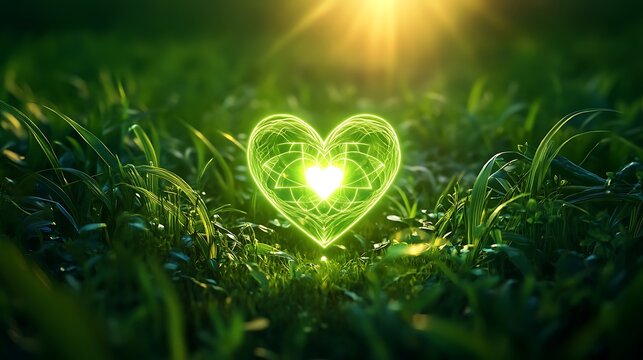 A radiant heart chakra symbol glowing in a lush green meadow.
