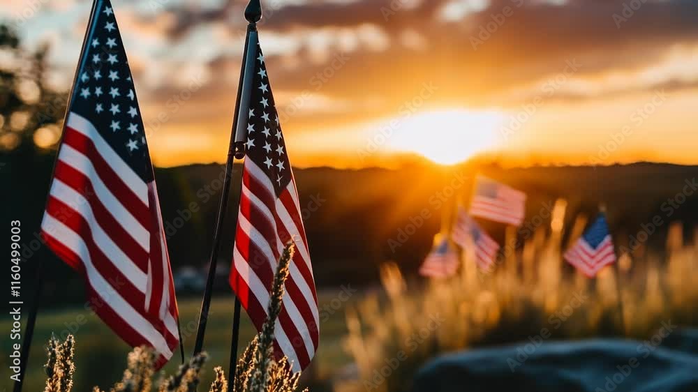 Poster two american flags are displayed in a field with a beautiful sunset in the background. the flags are