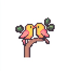 Obraz premium Pixel Art Birds Kissing on Branch Cute Love Spring Nature