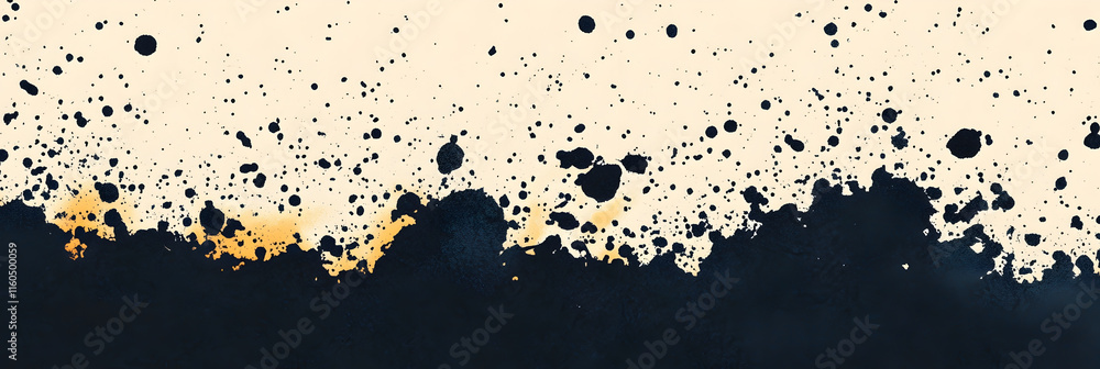 Poster an abstract artwork featuring splatters of black and gold against a light background, creating a dyn
