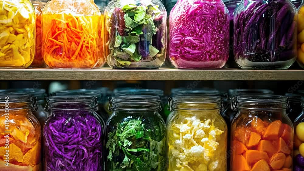 Poster row of colorful jars filled with vegetables and fruits. the jars are arranged in a way that they loo
