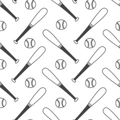 Baseball Bat and Ball Seamless Pattern. Hand drawn Sports Game background with falling outline equipment in doodle style. Repeat vector illustration