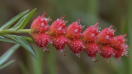 A close-up of a vibrant red flower spike with unique textures and details.