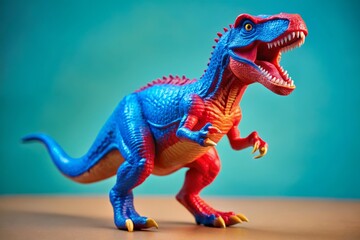 Obraz premium Red Blue Dinosaur Toy Action Shot - Roaring Dino Toy Photography, Plastic Dinosaur, Child's Toy, Mouth Open, Dynamic Pose