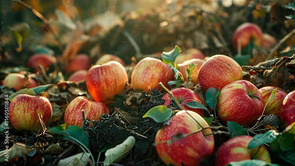Poster bunch of apples are scattered on the ground, some of them are green and red. the apples are surround