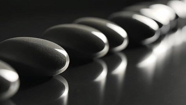 Row of black spheres with one of them being slightly larger than the rest. Concept of balance and harmony, as the larger sphere stands out against the smaller ones