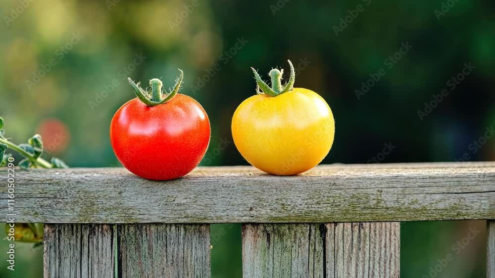 Sticker Two tomatoes are sitting on a wooden fence. One is red and the other is yellow. The fence is made of wood and is located outdoors