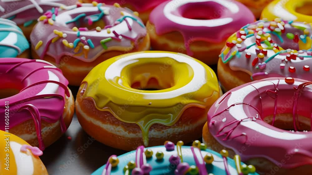 Aufkleber row of colorful donuts with different colored icing. the donuts are arranged in a way that they look