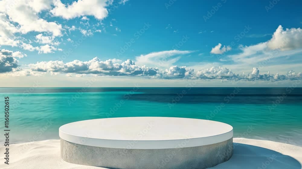 Poster white round structure is on a beach with the ocean in the background. the structure is empty and he 