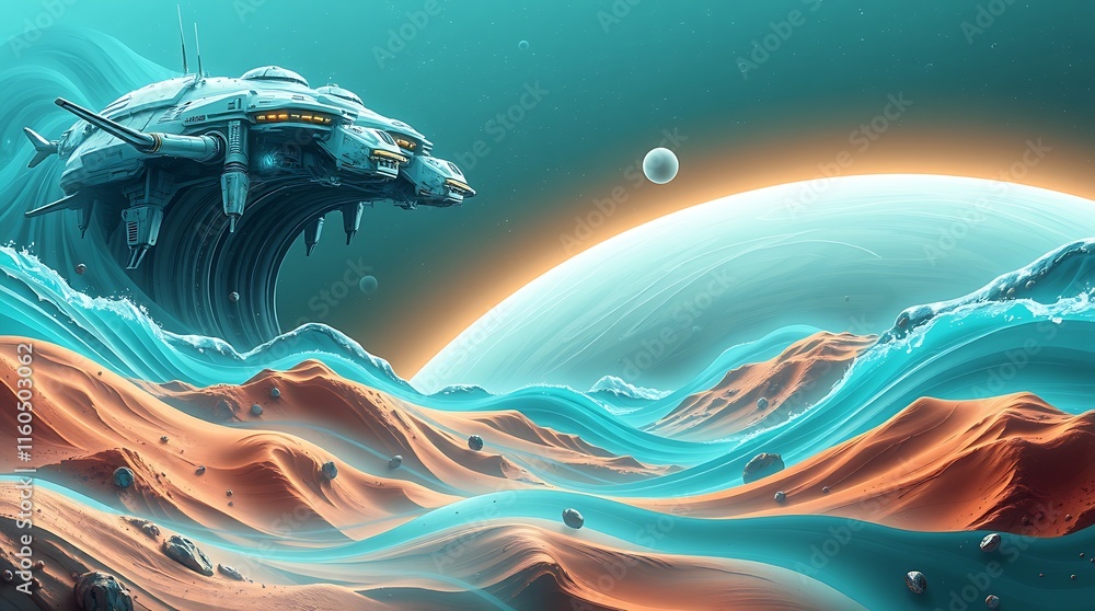 Poster cosmic dune crawler: a futuristic spaceship descends towards a vibrant alien planet, its sleek form 