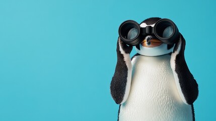 Cute Cartoon Penguin Looking Through Binoculars Against a Teal Background