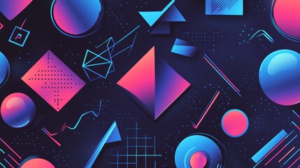 Geometric shapes in isometric style with gradient. Futuristic seamless pattern. Retrowave.