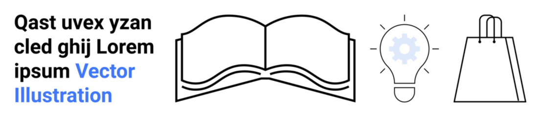 Open book, lightbulb, and shopping bag icons next to placeholder text, suggesting ideas of knowledge, creativity, and commerce. Ideal for education, innovation, e-learning marketing e-commerce