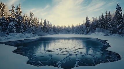 A serene frozen lake surrounded by snow-covered trees, with cracks in the ice reflecting the blue sky, captured in high-definition.