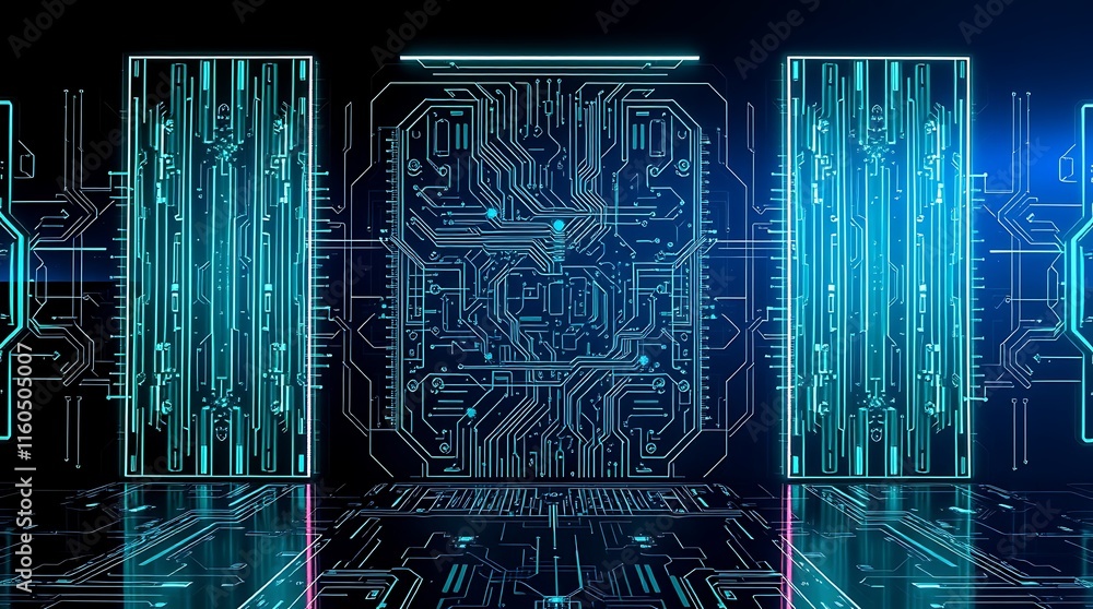 Poster cyberpunk gateway: futuristic abstract background featuring glowing neon blue and green circuit boar