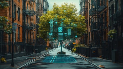 Smart city technology tree in urban street.